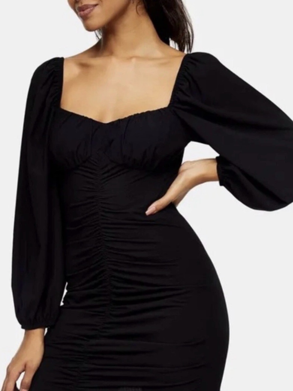Top Shop Size 4 Black Ruched Long Sleeve Dress
